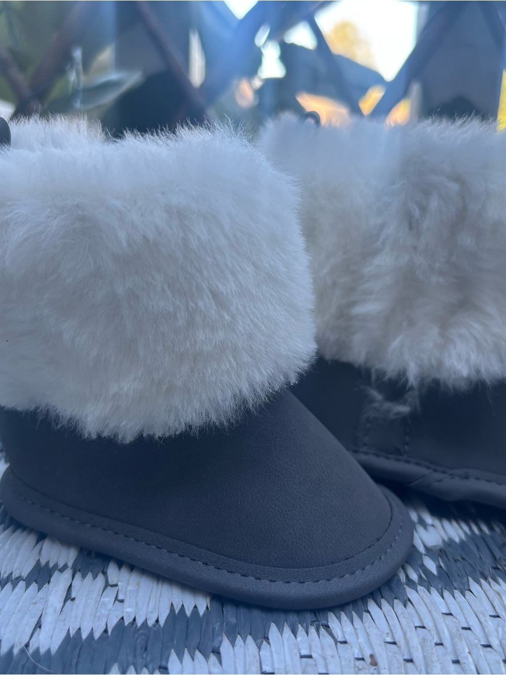Plush Cuff Baby Walker Shoes - Cream Cuff, Dark Gray Body